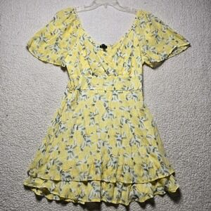 As U Wish Lemon Print Mini Dress Yellow Surplice Smocked Back Ruffle Hem Large